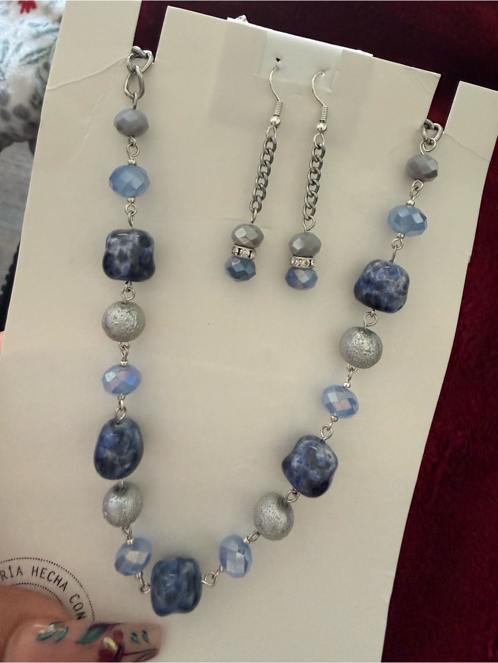 Handmade Blue and Silver Beaded Necklace & Earring Set